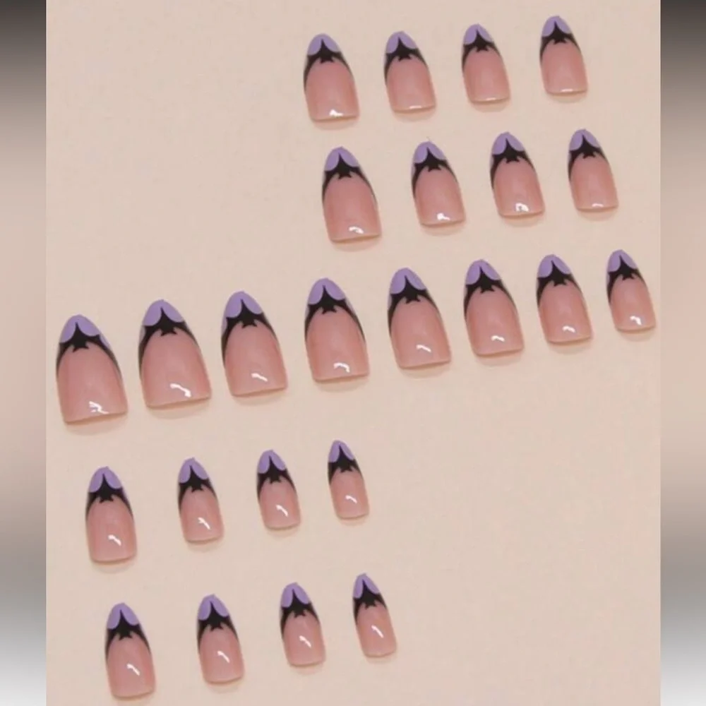 Halloween Purple Bat French Manicure 24 Piece Set Press On Nails